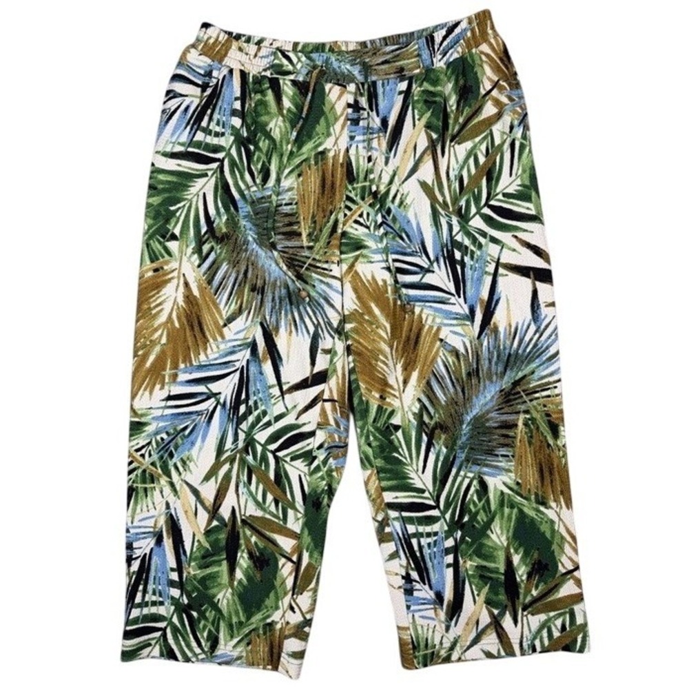 SOHO Apparel Ltd Tropical Palm Print Wide Leg Crop Pants Green Blue 1X 78108156